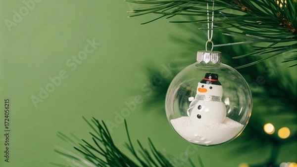 Fototapeta Glass Ornament with Snowman and Pine Branches Against Christmas Tree Lights - 2