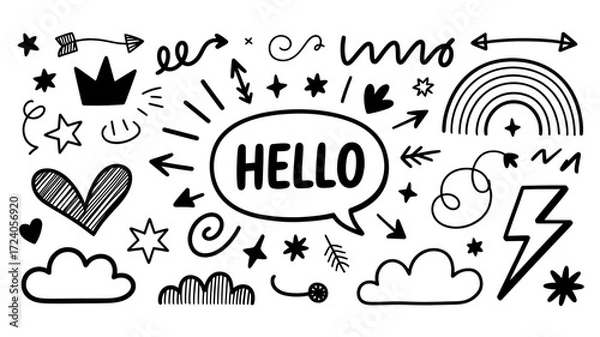 Fototapeta Hand drawn doodle elements set cute design elements black and white Vector illustration Isolated on 