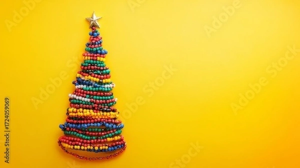Fototapeta Colorful Beaded Christmas Tree - Festive Christmas tree crafted from colorful beads on a yellow background. Perfect for holiday cards, websites, and social media