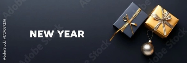 Fototapeta Elegant New Year Gifts and Ornament - Two elegantly wrapped gifts, one gold and one dark gray, with a gold ornament, on a dark gray background. Perfect for New Year's greetings
