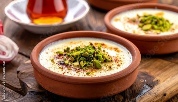 Obraz Creamy dessert with pistachios on a rustic wooden table