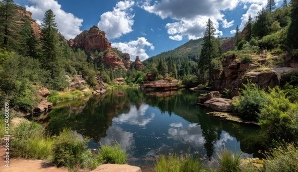 Obraz Tranquil mountain lake reflecting a partly cloudy sky