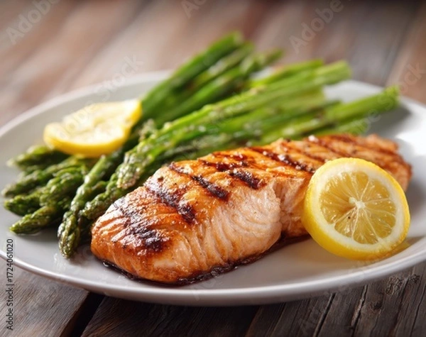 Obraz Grilled salmon with asparagus and lemon (5)