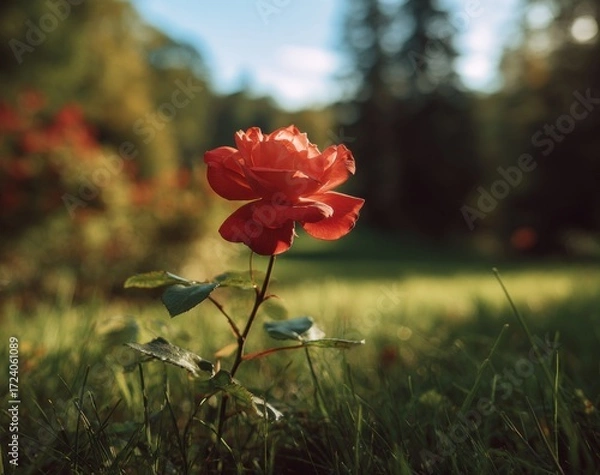 Obraz A single vibrant orange-red rose in a grassy garden
