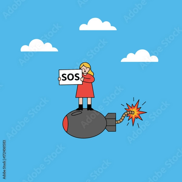 Fototapeta gemini-2_5-flash-image-preview_A_minimalist__flat_illustration_of_a_woman_holding_a_sign_that_reads__SOS__on_the_side_of_a_large__c-1_ef255519-a1c3-402b-891c-ae64ebb5df85_traced