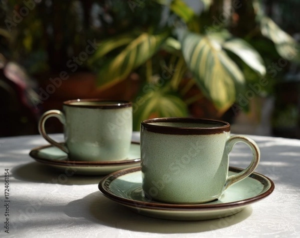 Obraz Two light teal coffee cups and saucers on a table, surrounded by greenery