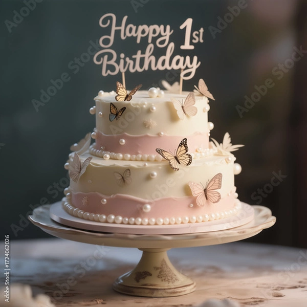 Fototapeta A two-tiered cake with butterflies and pearls, topped with "Happy 1st Birthday" text, sits elegantly on a decorative stand, creating a whimsical and celebratory atmosphere.