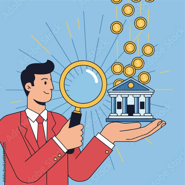Fototapeta gemini-2_5-flash-image-preview_A_stylized__flat_illustration_depicting_a_businessman_in_a_red_suit_and_tie_examining_a_small_bank_b-0_d269a17c-8617-4c4b-bbea-f8beb7b966a2_traced