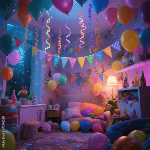 Fototapeta A vibrant room filled with colorful balloons, streamers, and party decorations, creating a festive and joyful atmosphere, illuminated by soft, warm lighting.