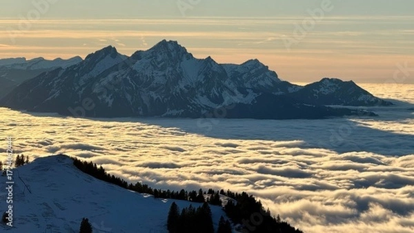 Fototapeta View from Mount Rigi of the snowy landscape and the sea of ​​fog in winter during sunset. Swiss mountain landscape.