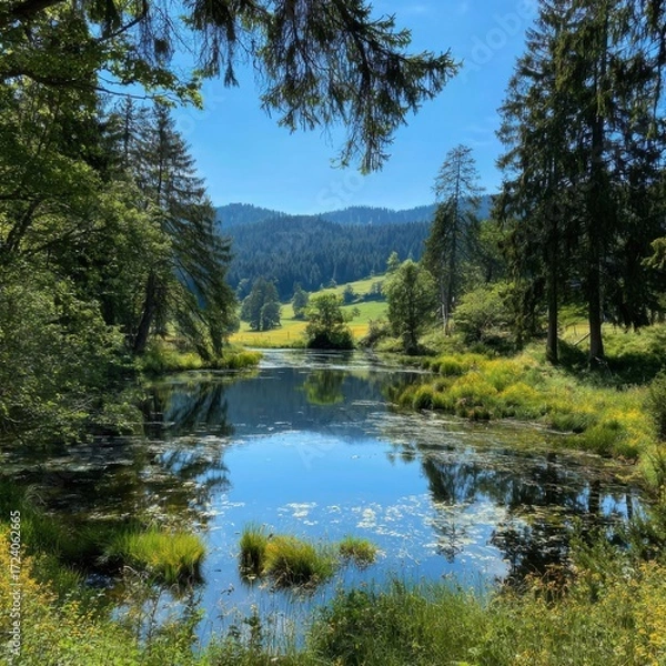 Obraz Tranquil lake nestled in a lush forest valley under a vibrant blue sky
