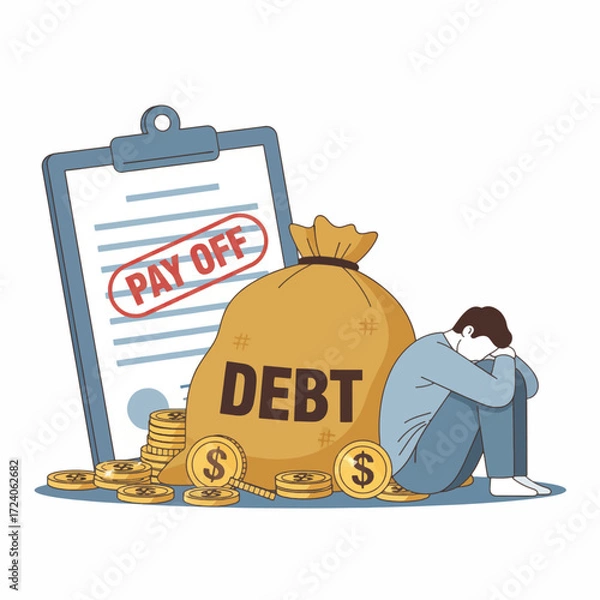 Fototapeta gemini-2_5-flash-image-preview_A_stylized__flat_illustration_depicting_a_person_overwhelmed_by_debt__The_character__with_their_back-1_bc363d57-7df0-4e34-ac39-22f870f37f9a_traced