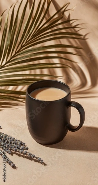 Obraz Still life of a mug of coffee or tea with palm leaf and lavender