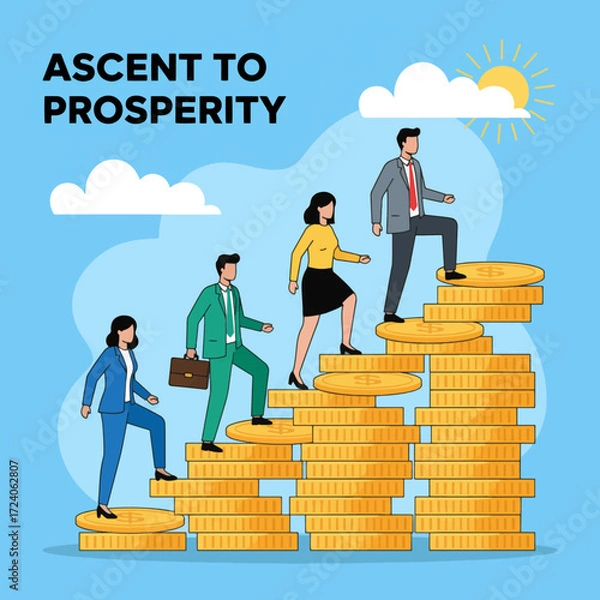 Fototapeta gemini-2_5-flash-image-preview_A_stylized__flat_illustration_depicting_a_team_of_four_diverse_business_people_climbing_a_staircase_-0_5d666bd2-03cc-4238-a6e0-6de83dd63386_traced