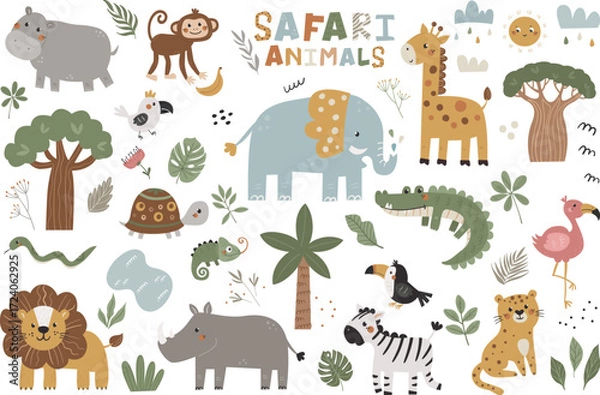 Fototapeta Large vector set of safari animals. Well suited for use in children's rooms, books, kindergarten and other kids design