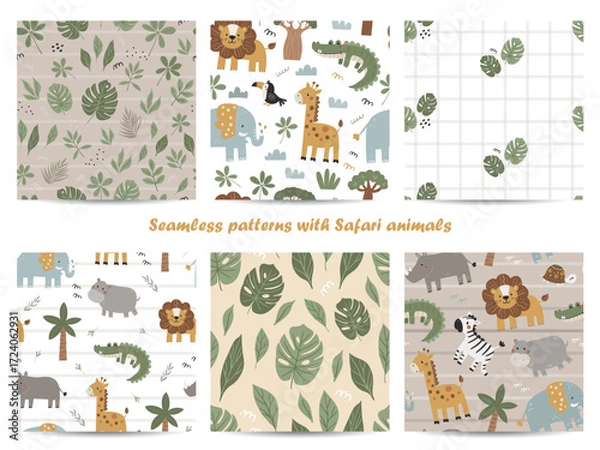 Fototapeta Vector set of seamless patterns with safari animals. Great for wallpaper, textiles, wrapping paper, greeting cards and other