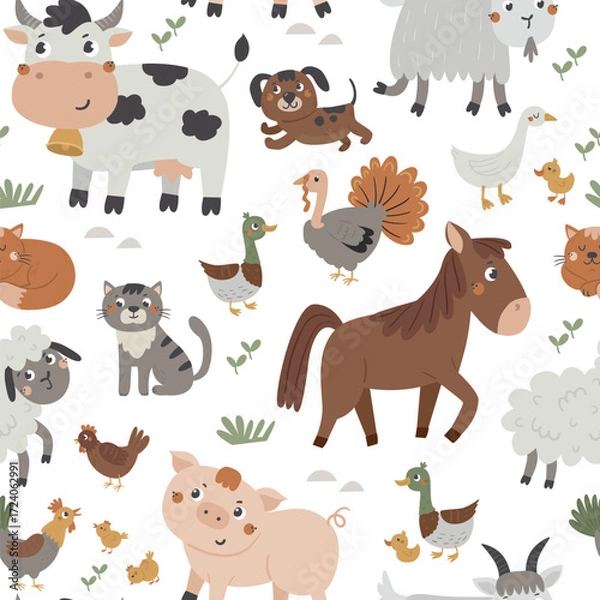 Fototapeta Vector seamless pattern with cute farm animals. Great for wallpaper, textiles, wrapping paper, greeting cards and other