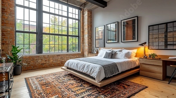 Fototapeta Brick wall loft bedroom high resolution picture