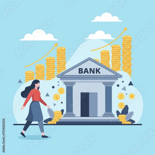 Fototapeta gemini-2_5-flash-image-preview_A_stylized__flat_illustration_depicting_a_woman_walking_towards_a_bank_building__The_bank_has_a_clas-0_d474e0f6-6e52-4635-b40f-6ef793a31629_traced