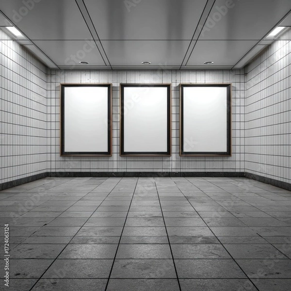 Obraz Empty subway corridor with three blank posters