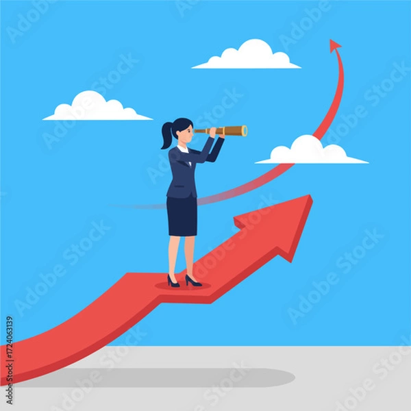 Fototapeta gemini-2_5-flash-image-preview_A_stylized__flat_illustration_of_a_businesswoman_standing_on_a_red_upward-trending_arrow__looking_th-0_e7d23e38-6954-4c9d-b35b-6ad2c7db36c9_traced