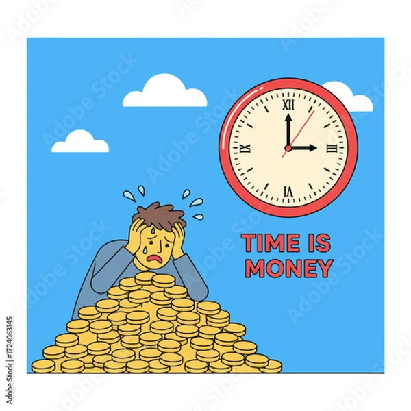 Fototapeta gemini-2_5-flash-image-preview_A_stylized__flat_illustration_of_a_man_slumped_over_a_large_pile_of_gold_coins__looking_distressed__-0_d6fa47d2-99f4-4df8-a792-7d67d539af63_traced