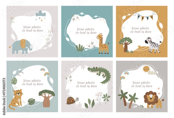 Fototapeta Set of baby photo frames, templates, or invitations featuring safari animals