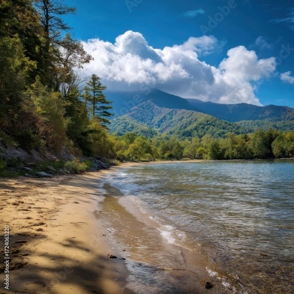 Obraz Scenic lake shore with sandy beach and mountains