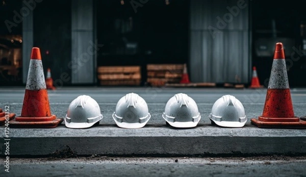 Obraz Construction site safety helmets and cones