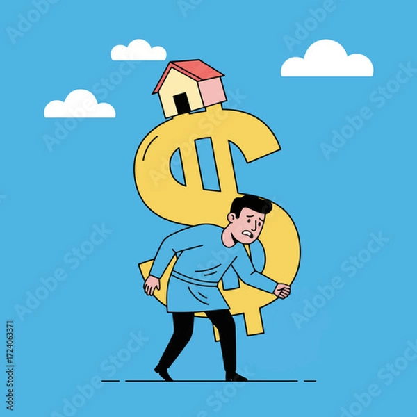Fototapeta gemini-2_5-flash-image-preview_A_stylized__flat_illustration_of_a_man_struggling_to_carry_a_large__golden_dollar_sign_on_his_should-1_3786856e-adb3-48c6-8970-1c46e5248b37_traced