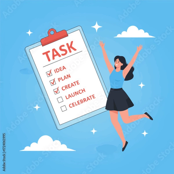 Fototapeta gemini-2_5-flash-image-preview_A_woman_in_a_blue_top_and_black_skirt_joyfully_leaps_in_the_air_against_a_clear__bright_blue_sky__Sh-1_7f923bb8-c6eb-4b71-8c59-2406662cd033_traced