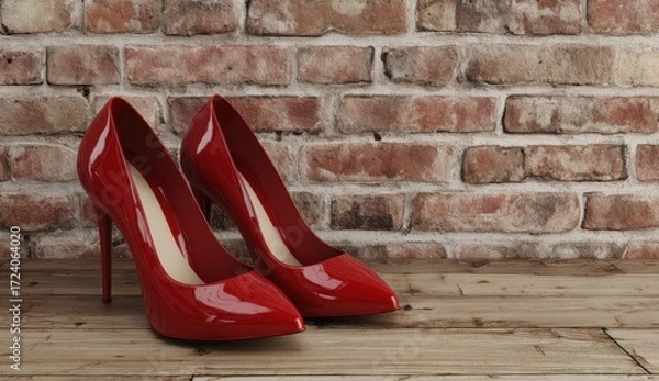 Obraz Pair of red high heels on wooden surface against brick wall