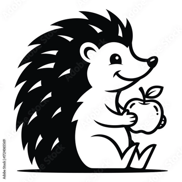 Fototapeta Vector art of cute hedgehog holding an apple isolated on white background