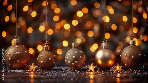 Obraz Golden shiny spheres with glowing reflections and bokeh lights, luxury festive background, abstract elegant decoration for celebration and holiday design
