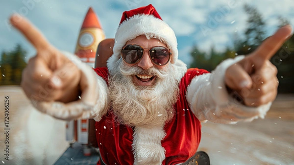 Obraz Smiling Santa Claus in a modern style with glasses and a white beard shows a cheerful gesture and a festive mood