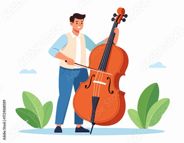 Fototapeta Illustration of a smiling man playing double bass outdoors, creating joyful music in a relaxed natural setting with green leaves and blue sky.