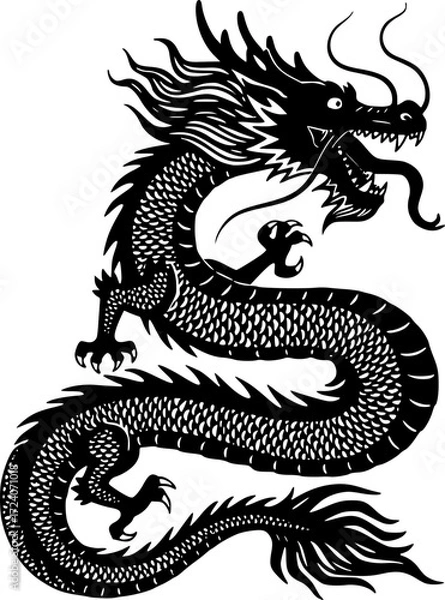 Obraz Sketched set of Chinese dragon silhouette black
