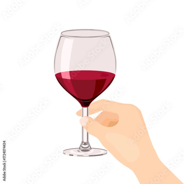 Fototapeta Glass of red wine in hand isolated on white background. Vector cartoon flat illustration.