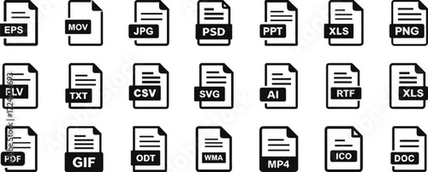 Fototapeta Collection of File Format Icons Representing Various Document Types for Software and Operating Systems