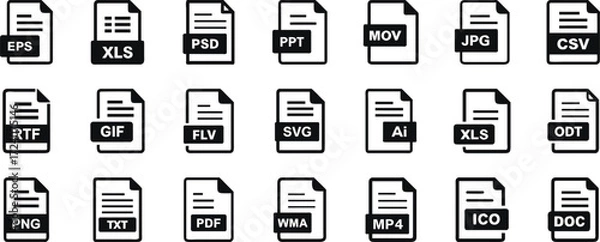 Fototapeta Collection of various file format icons representing different file extensions types