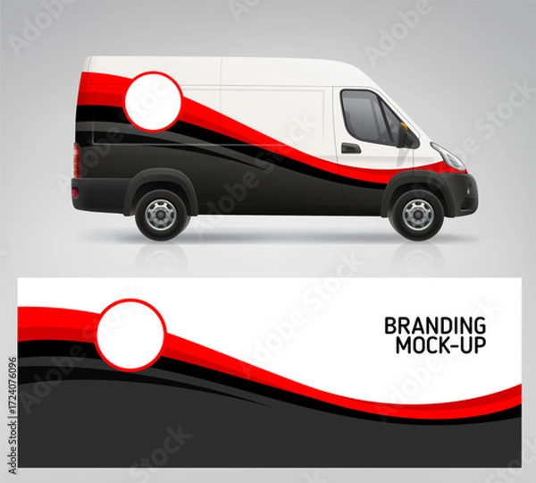Fototapeta Delivery Van Branding graphics of abstract RED waves decal design. Side view Van, Truck mockup with Red stripe branding wrap design. Branding vehicle with space for your logo design. Editable vector