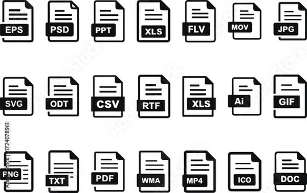 Fototapeta Set of various file format icons for different file extensions