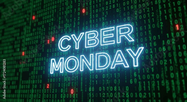 Fototapeta Cyber Monday neon sign against green binary code background  