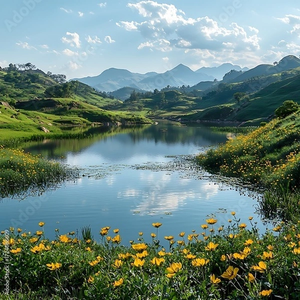 Fototapeta Vibrant wildflower field by lake high resolution picture