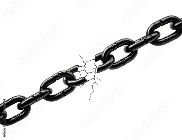 Fototapeta A single shiny steel chain with connected links symbolizing strength and security is isolated on a white background