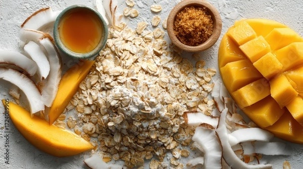 Obraz Tropical Breakfast Ingredients - Mango, Oats, Coconut, and Honey.