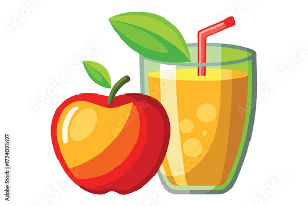Fototapeta Refreshing apple juice in a glass alongside a ripe red apple with green leaves