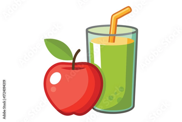 Fototapeta Fresh red apple stands beside a glass containing a smoothie with a straw