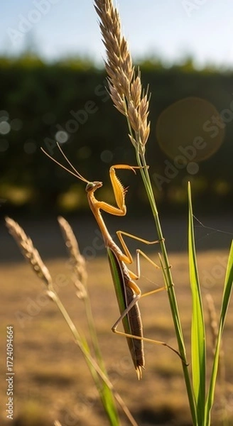 Fototapeta A detailed close-up of a praying mantis perched on a tall blade of grass with a warm, natural background, showcasing its delicate structure
