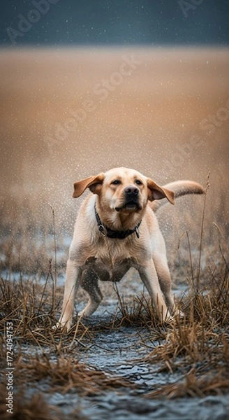 Fototapeta Golden Labrador Retriever Running in a Field, Happy Dog in Nature
